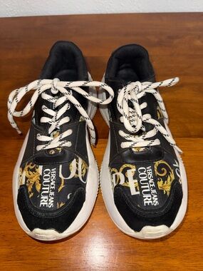 Versace Shoes Tennis Athletic Baroque Black Gold Logo EU 38 US 7.5 Jeans Couture